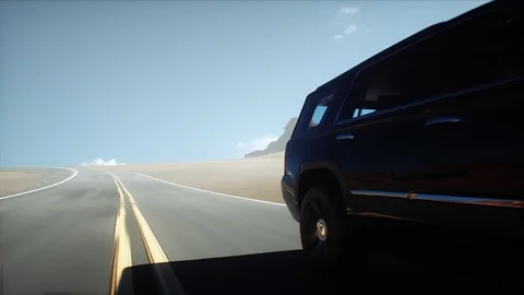 3d model luxury black car on desert highway. Very fast driving. Stockbeeldmateriaal 301415365