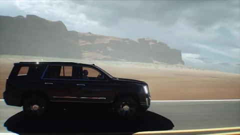 3d model luxury black car on desert highway. Very fast driving. 库存影片 301415377