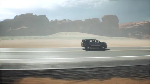 3d model luxury black car on desert highway. Very fast driving. 库存影片 301415515