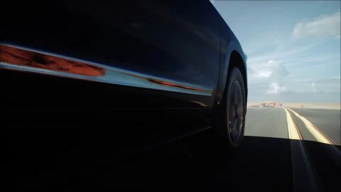 3d model luxury black car on desert highway. Very fast driving. Stock Footage 301416607