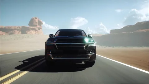 3d model luxury black car on desert highway. Very fast driving. Видео 301416613