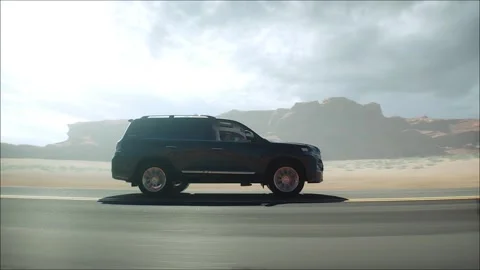 3d model luxury black car on desert highway. Very fast driving. Видео 301416616