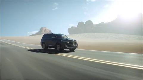 3d model luxury black car on desert highway. Very fast driving. Stock-Footage 301416748