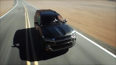 3d model luxury black car on desert highway. Very fast driving. Stockbeeldmateriaal 301416777