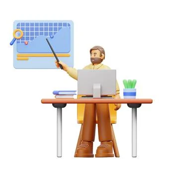 3D model of a male character explaining something while sitting by the computer Illustrazione stock