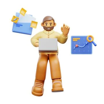 3D model of a male character working on a task using his laptop Stockillustratie