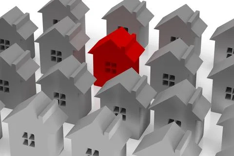 3d model. Many cottages and one red. Difference. Stock Illustration
