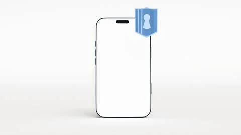 3D model of mobile phone with white screen and blue shield with keyhole on wh Illustrazione stock