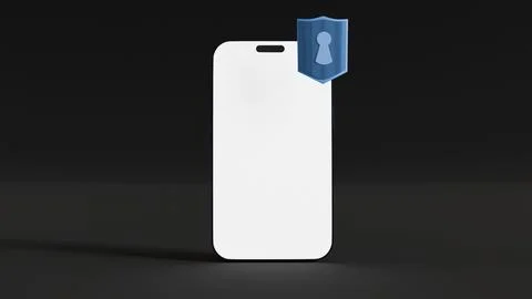3D model of mobile phone with white screen and blue shield with keyhole on .. イラスト素材