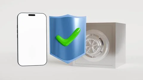 3D model of mobile phone with white screen and blue shield with keyhole and.. Illustrazione stock