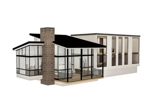 3D model of a modern house with a large fireplace and panoramic windows on a  Stock Illustration