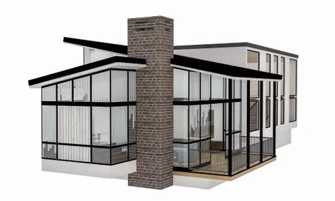 3D model of a modern house with a large fireplace and panoramic windows on a  Stock Illustration