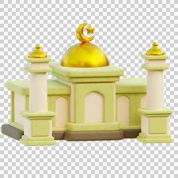 3D Model of Mosque with Golden Dome and Crescent Moon Symbol Stock Illustration