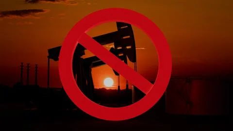 3D model of oil production pumping unit against sunset and stop sign, sanctio Stock Illustration
