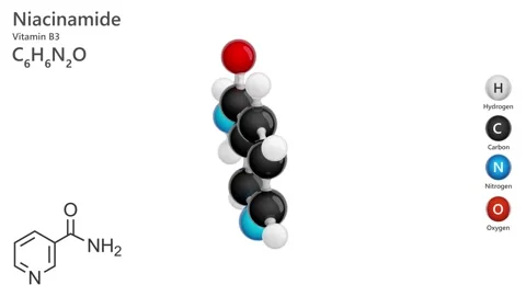A 3D model of one of the forms of vitamin B3 niacinamide C6H6N2O. Stock Footage 284523283