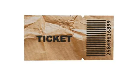 3D model of paper brown ticket with word ticket and barcode on white backgrou Stock Illustration