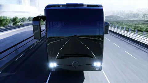 3d model of passenger bus very fast driving on the highway. Futuristic city Stockbeeldmateriaal 132503142