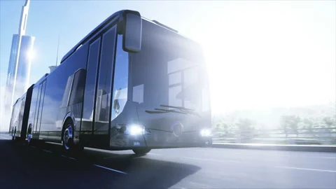 3d model of passenger bus very fast driving on the highway. Futuristic city 스톡 동영상 132503520