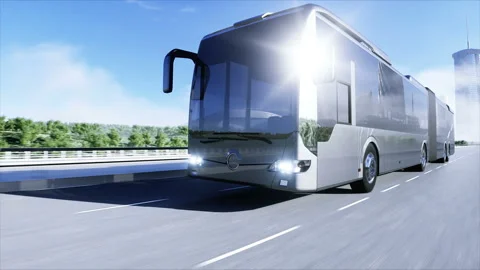3d model of passenger bus very fast driving on the highway. Futuristic city Видео 132503766