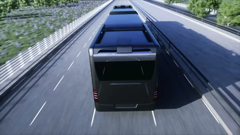 3d model of passenger bus very fast driving on the highway. Futuristic city Vídeos de archivo 132505733