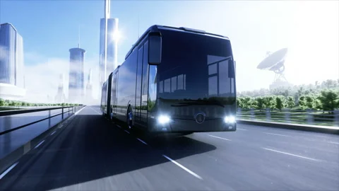 3d model of passenger bus very fast driving on the highway. Futuristic city Video stock 132506858
