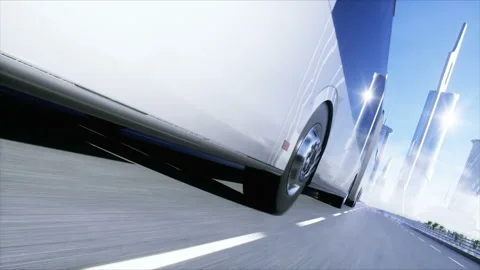 3d model of passenger bus very fast driving on the highway. Futuristic city Vídeos de archivo 132508928