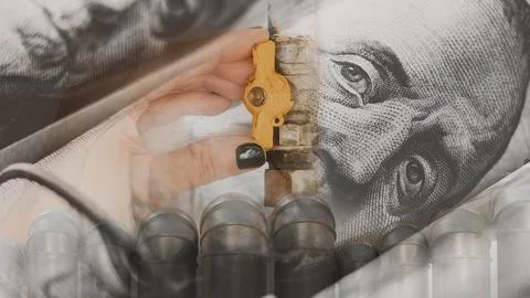 3D model of pipes against the background of a woman's hand and dollars, closi Stock Photos