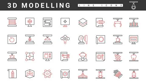 3d model printing and construction, thin red black line icons set with creation Stock Illustration