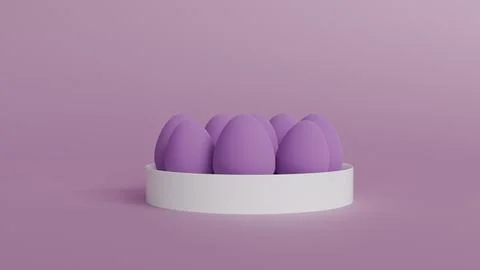 3d model of purple Easter eggs in a white plate on a purple background, Easte Foto stock