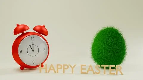 3D model of red alarm clock and one grass egg and text Happy Easter on beig.. Stock Photos