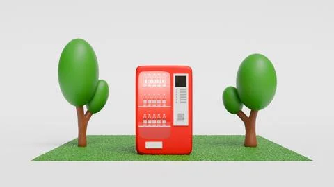 3D model of red bottled mineral water vending machine on grass and green tree Stock Illustration