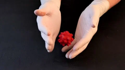 3D model of red coronavirus lies in hands in white medical disposable latex Stock Footage 152565713