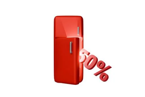 3D model of red refrigerator and 50 discount flies out of refrigerator on whi Stock Photos