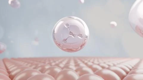 3D model rendering atom molecule in the bubble floating above skin pink ball. Stock Illustration