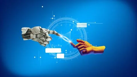3D model of robot hand and human hand about to touch with digital interface on 스톡 사진