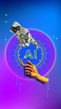 3D model of robotic hand and human hand touching fingers with AI icon against Stock Photos