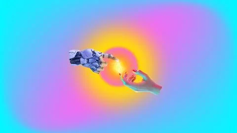 3D model of robotic hand and human fingers touching with spark over gradient Stock Photos
