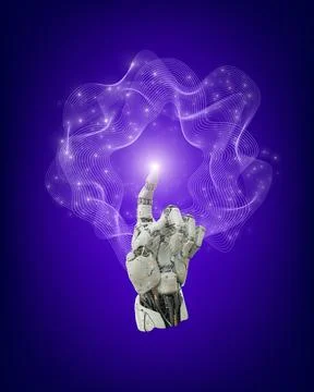 3D model of robotic hand reaching towards light within abstract shaped network Foto stock