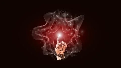 3D model of robotic hand reaching towards light within abstract shaped network Stock Photos