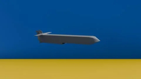 3D model of a rocket against the background of the Ukrainian flag, weapons Stock Illustration