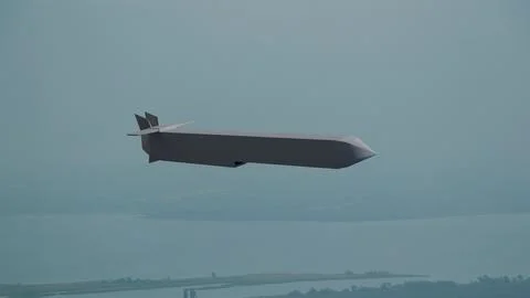 3D model of a rocket in the sky above the city, weapons Stock Photos