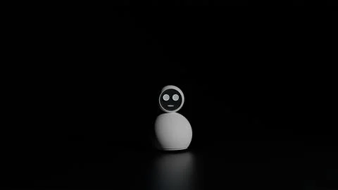 3D model of round white home assistant robot with face screen on black back.. Stock Illustration
