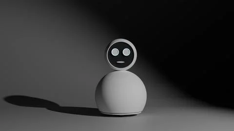 3D model of round white home assistant robot with face screen on dark backg.. 스톡 일러스트
