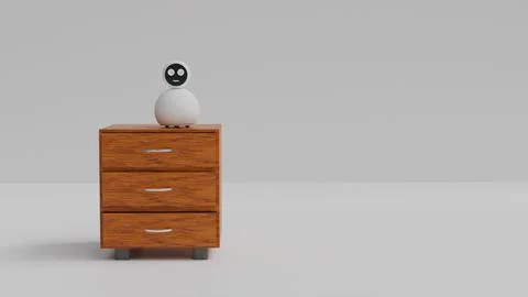 3D model of a round white home assistant robot with a face screen standing on Stock Illustration