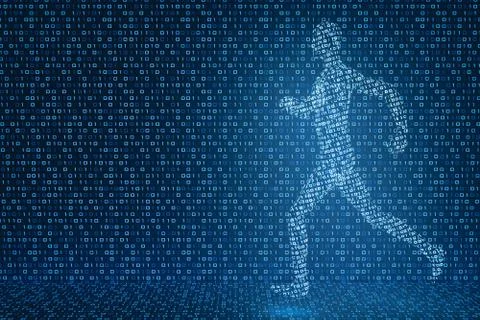 3d model of a running digital man on the background of luminous ones and zeros Stock Illustration