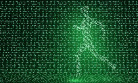 3d model of a running digital man on the background of luminous ones and zero Stock Illustration