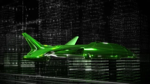3D Model Of A Sci-fi Plane Hovering Through The Matrix City At A Server Software Stock Footage 164313514