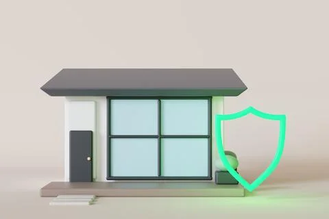 A 3D model shows a house with a shield beside it, representing protection t.. Stock Photos