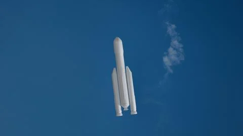A 3D model of a space rocket against a blue sky as a rocket launch theme fo.. Foto stock