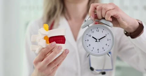 3D model of the spine with a hernia alarm clock in the hands of a doctor Stock Footage 274329656